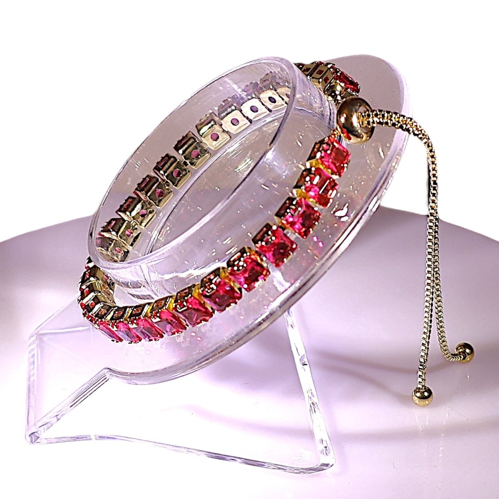 Swarovski Crystal Tennis Bracelet Gold Hot Pink Square Cut Adjustable Bolo NWT